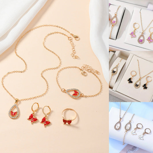 4PCS Set Luxury Women Butterfly Necklace Bracelet Earrings Drop Oil Diamond Jewelry For Girl Gift Jewelry Fashion Jewelry Set BAZONA