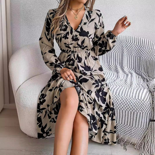 Leisure Flower Waist-controlled Long Sleeves Ruffled Dress BAZONA