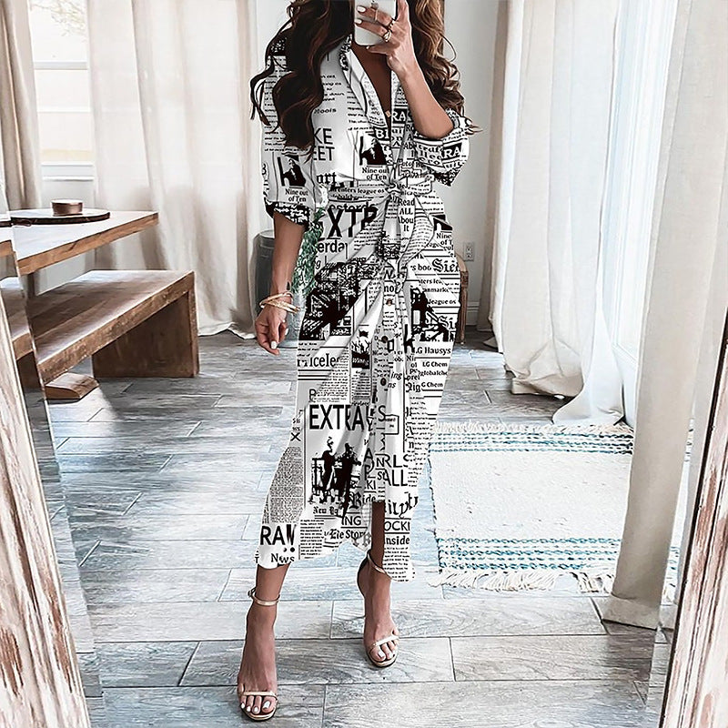 European And American Print Long-Sleeved Lace-Up Single-Breasted Shirt Dress BAZONA