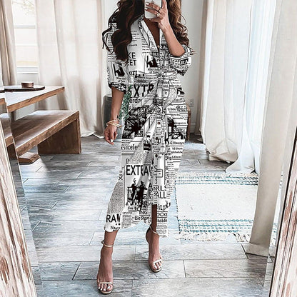 European And American Print Long-Sleeved Lace-Up Single-Breasted Shirt Dress BAZONA