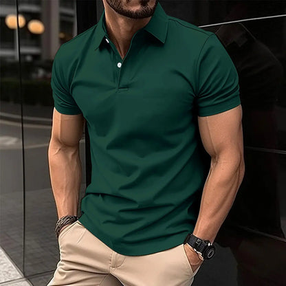 Summer Short Sleeve Polo Shirt Men Solid Color Button Lapel Button Top - bazona.com