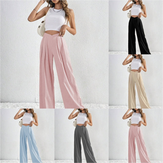 Summer New Solid Color Pleated Casual Wide-leg Pants Loose Casual Women's Commuting Versatile Style Comfortable TrousersS BAZONA