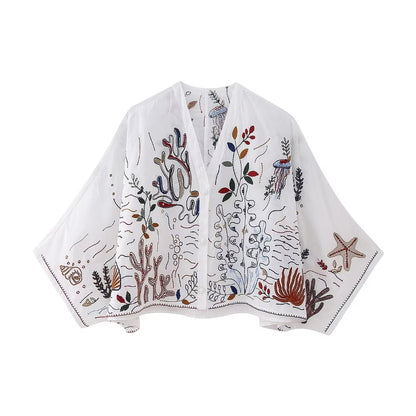 V-neck Embroidery Breasted Shirt High Waist Embroidery Skirt Suit BAZONA