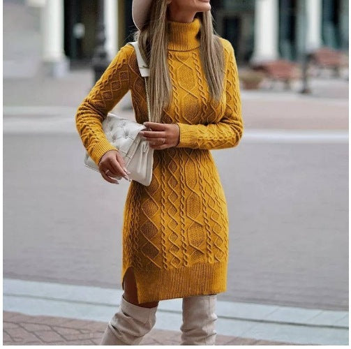 Fashion Turtleneck Knitted Dress With Slit Design Winter Warm Solid Color Pullover Long Sweater Women's Clothing BAZONA