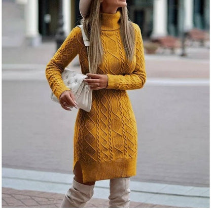 Fashion Turtleneck Knitted Dress With Slit Design Winter Warm Solid Color Pullover Long Sweater Women's Clothing BAZONA