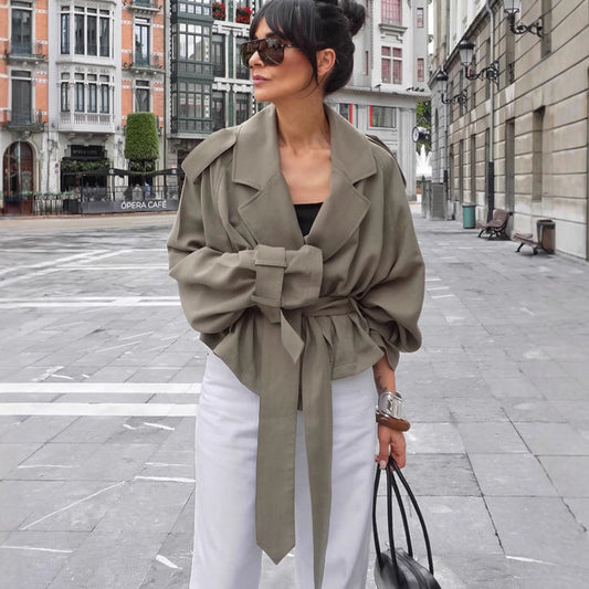 Women's Large Lapel Lace-up Trench Coat Fashionable Jacket BAZONA