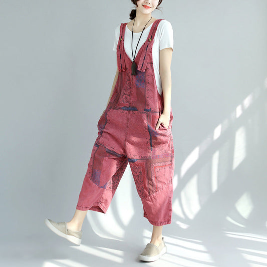 Printed Worn Looking Washed-out Big Crotch Ninth Plus Size Stitching Denim Suspender Pants BAZONA