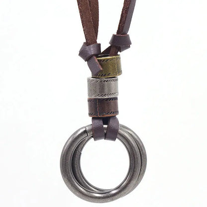Vintage Leather Couple Necklace Double Ring - bazona.com