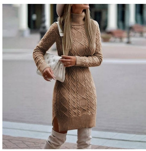 Fashion Turtleneck Knitted Dress With Slit Design Winter Warm Solid Color Pullover Long Sweater Women's Clothing BAZONA