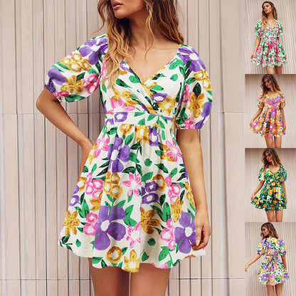 Flowers Print V-Neck Lantern-sleeve Dress Y2K Summer Vacation Beach Short Dresses Fashion Womens Clothing BAZONA