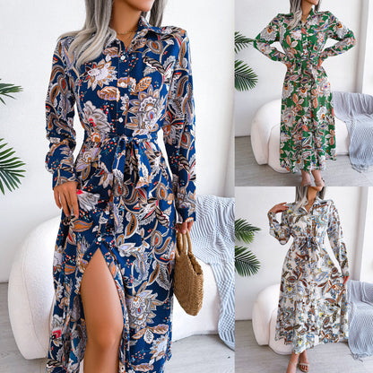 Retro Floral Stand Collar Belted Shirt Dress Long Skirt Women's Fashion Full Sleeve Regular Waistline Ankle-Length BAZONA