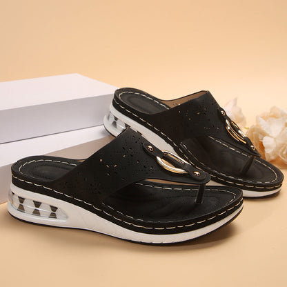 New Air Cushion Thong Sandals Summer Flip Flops Hollow Metal Buckle Wedges Shoes For Women Thick Sole Beach Shoes BAZONA