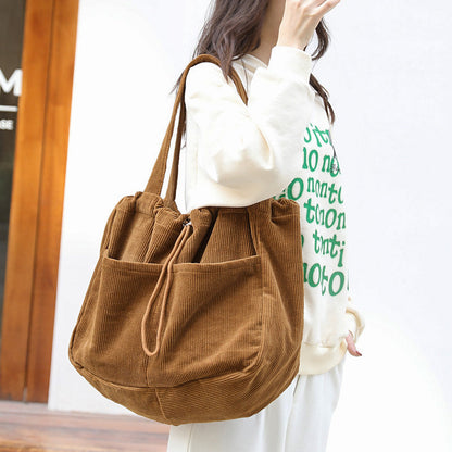 Ins Corduroy Shoulder Bags Drawstring Multi-pocket Handbag Women Underarm Bags BAZONA