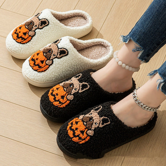2024 New Halloween Cute Comfy Pumpkin House Slippers Outdoor Indoor For Spooky Season Non-slip Velvet Cotton Slippers BAZONA