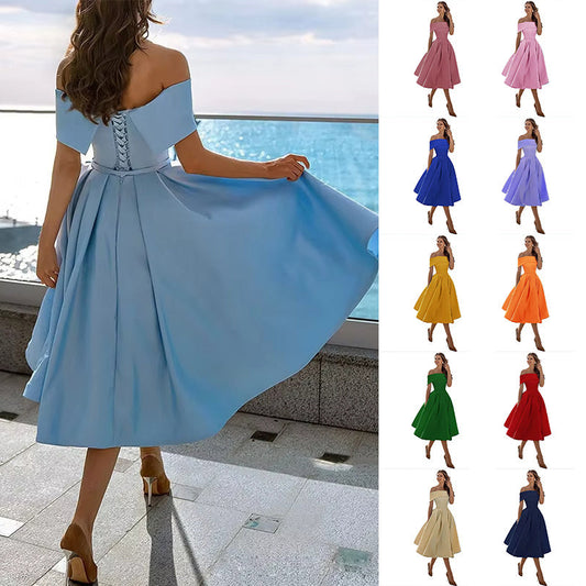 Women's Fashion Casual Strapless Satin Party Dress Off The Shoulder Tea Length Satin Prom Dresses With Pockts Formal Evening Party Dress BAZONA
