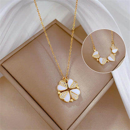 Luxury Four Leaf Clover Pendant Necklace Stainless Steel Crystal Heart Jewelry For Women Gift BAZONA