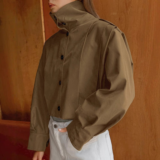Khaki Lapel Simple Single-breasted Coat BAZONA