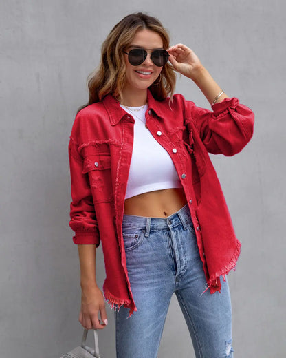 Fashion Ripped Shirt Jacket Female Autumn And Spring Casual Tops Womens Clothing - bazona.com
