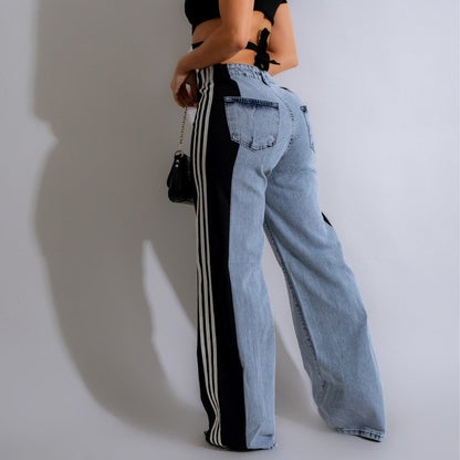 2024 Fashion Casual High Waist Elastic Straight Leg Trousers Three Stripe Patchwork Denim Wide Leg Pants Streetwear BAZONA
