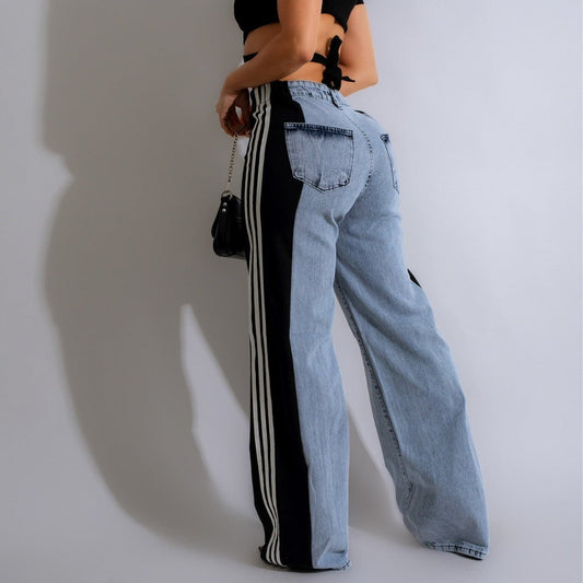 2024 Fashion Casual High Waist Elastic Straight Leg Trousers Three Stripe Patchwork Denim Wide Leg Pants Streetwear BAZONA