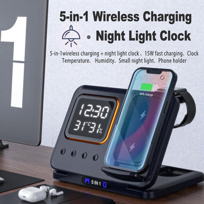 15W Wireless Chargers Stand 5 In1 LED Digital Alarm Clock Fast Charging Dock Station BAZONA