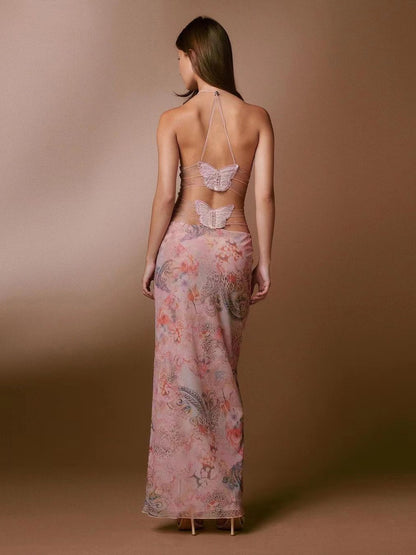Floral Print Halter Spaghetti Straps Dress Sexy Slim Butterfly Back Dressess Spring Summer Womens Clothing BAZONA