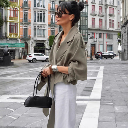 Women's Large Lapel Lace-up Trench Coat Fashionable Jacket BAZONA