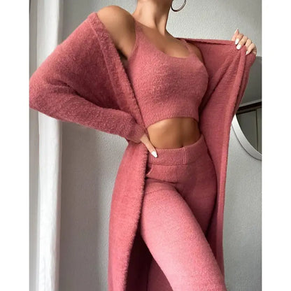 Cozy Pajama Set, 3 Piece Lounge Set, Cute Loungewear, Warm Suit Sets, Matching Set, Lounge Set, 3 Piece Pant Sets, Women Winter Dress - bazona.com