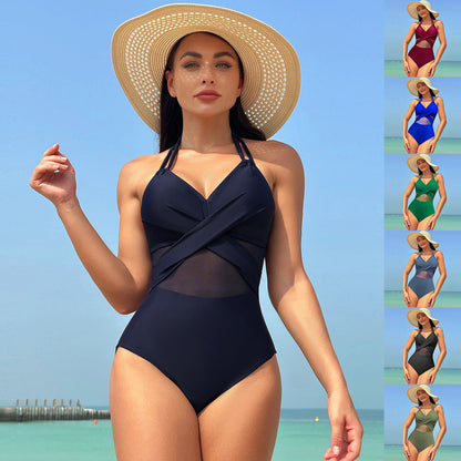 Halter-neck One-piece Swimsuit Summer Solid Color Cross-strap Design Mesh Bikini Beach Vacation Womens Clothing BAZONA