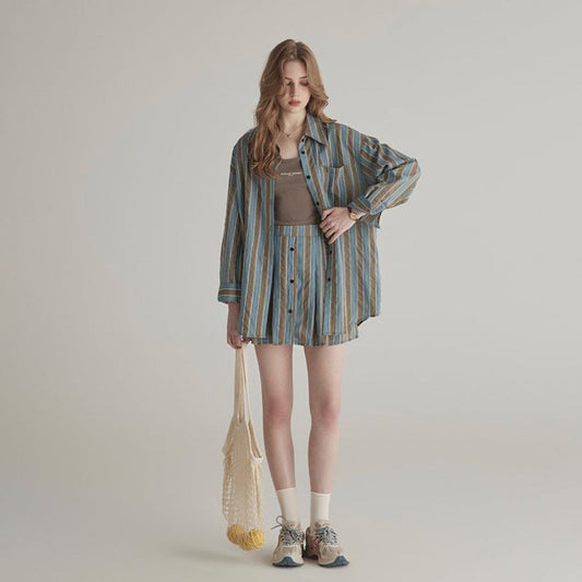 Summer High-grade Sun-proof Set Women's Loose Design Light Striped Shirt Top Temperament Waist-controlled Short Skirt BAZONA