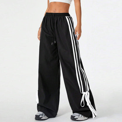 High Waist Wide Leg Pants Women's Spring Summer New Style Three Bars Drawstring Cuffed Straight Casual Extended Sports Trousers BAZONA