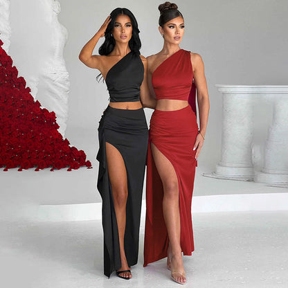 One-shoulder Satin Short Top High Waist Split Maxi Dress E BAZONA