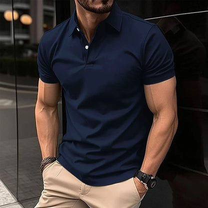 Summer Short Sleeve Polo Shirt Men Solid Color Button Lapel Button Top - bazona.com