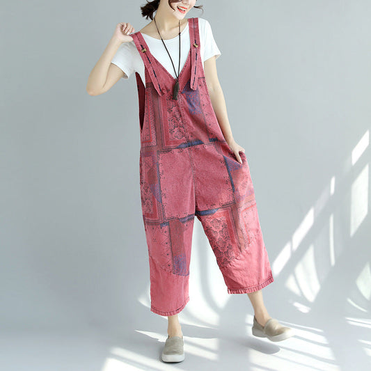 Printed Worn Looking Washed-out Big Crotch Ninth Plus Size Stitching Denim Suspender Pants BAZONA