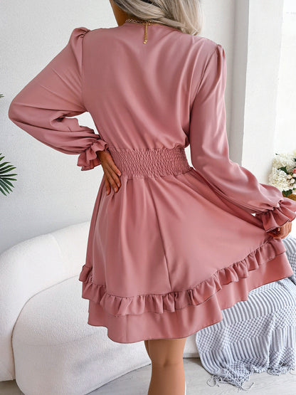 Summer Dresses Solid Color V-neck Long Sleeve Dress For Women Sexy V-neck Lace Up A-line Dress Women's Beach Dress BAZONA