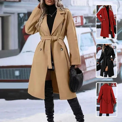 Lapel Double-breasted Trench Coat With Belt Winter Fashion Solid Color Long Jacket Outwear Women Clothing - bazona.com