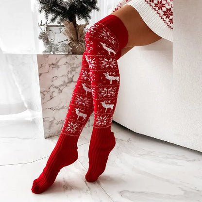 Winter Christmas Warm Knitted Women Stocking Beautiful Elk Snowflake Jacquard Over-the-knee Casual Long Socks For Ladies Gifts Free Size - bazona.com