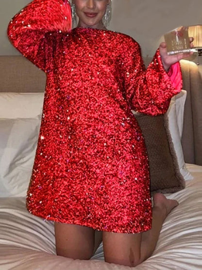 Sequined Back-Bowed Dress Fashion Round Neck Long Sleeve Dresses For Party Daily Shopping Women BAZONA
