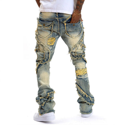Men's Patchwork Fringe Slightly Flared Stretch Jeans BAZONA