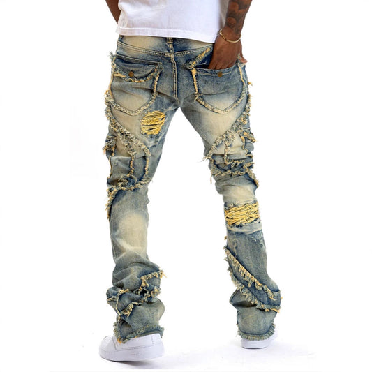 Men's Patchwork Fringe Slightly Flared Stretch Jeans BAZONA