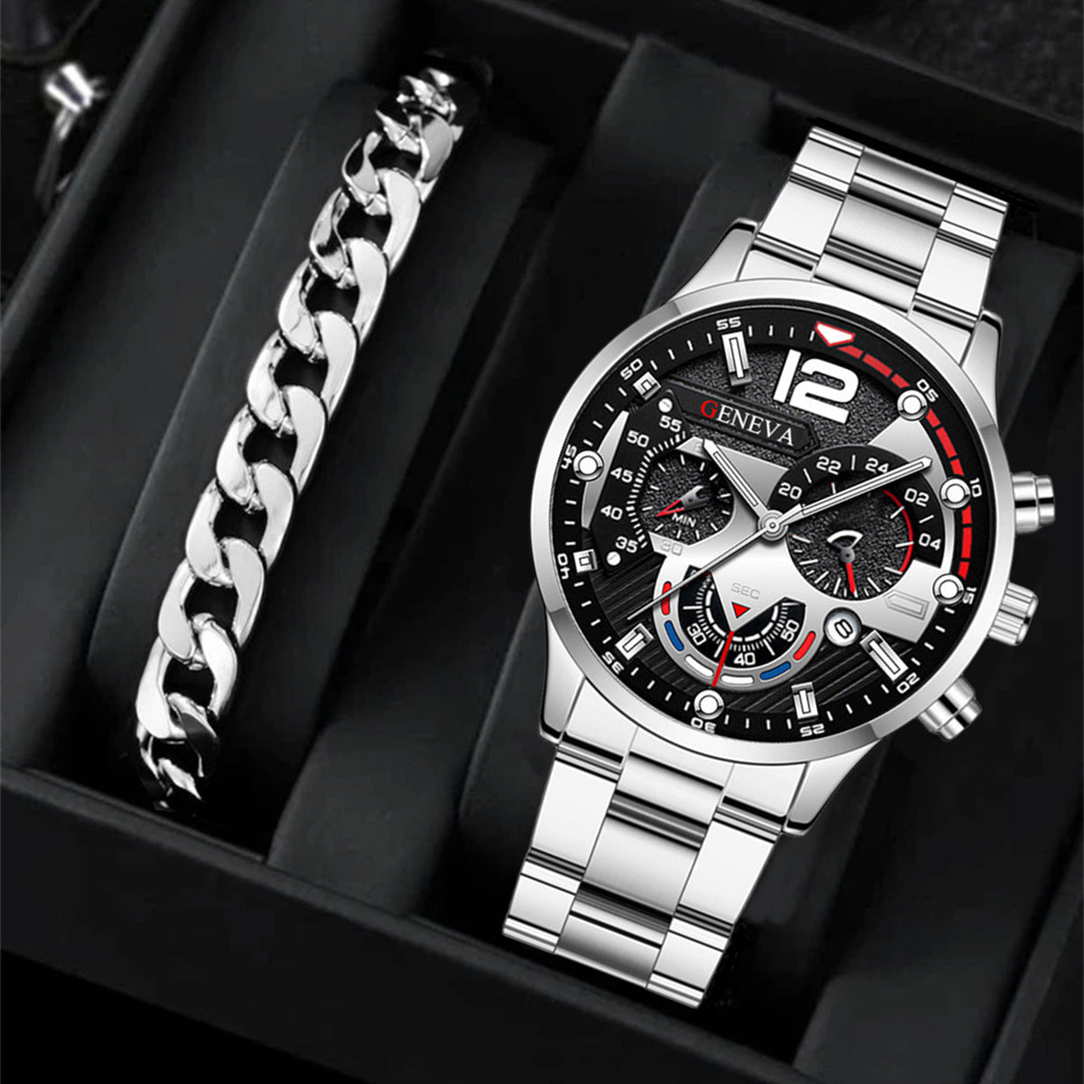 2pcs Men's New Popular Steel Strip Fashion Business Three Eye Quartz Watch Bracelet Set Valentine's Day Gifts BAZONA