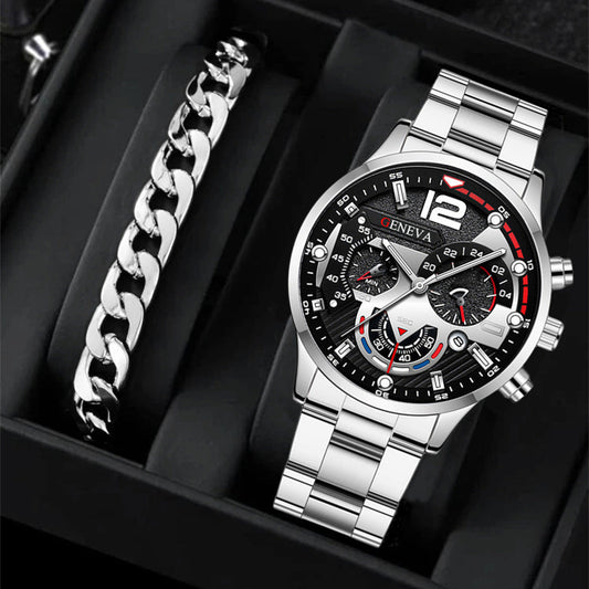 2pcs Men's New Popular Steel Strip Fashion Business Three Eye Quartz Watch Bracelet Set Valentine's Day Gifts BAZONA