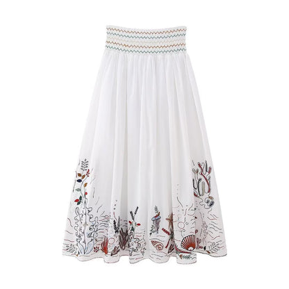 V-neck Embroidery Breasted Shirt High Waist Embroidery Skirt Suit BAZONA