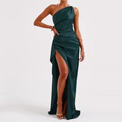 Sexy One-shoulder Backless Slit Dress Summer Elegant Slim-fit Solid Color Satin Dresses For Women BAZONA