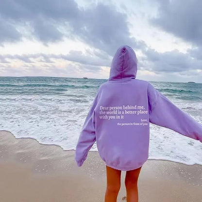 Dear Person Behind Me,the World Is A Better Place,with You In It,love,the Person In Front Of You,Women's Plush Letter Printed Kangaroo Pocket Drawstring Printed Hoodie Unisex Trendy Hoodies - bazona.com