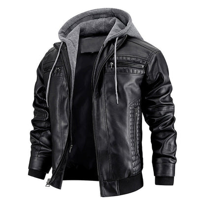 Hooded Jacket With Zipper Pockets Fashion Warm Pu Leather Coat Mens Clothing BAZONA