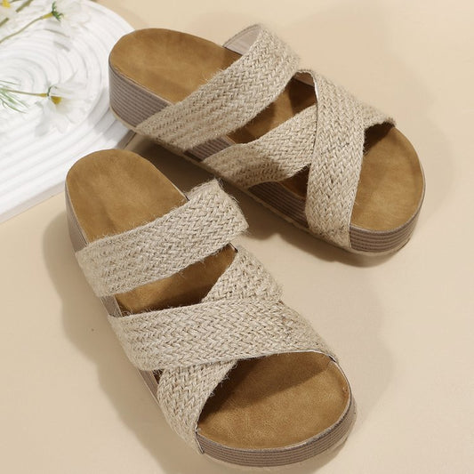 Woven Cross-strap Slippers Summer Platform Sandals Women Flat Beach Shoes BAZONA