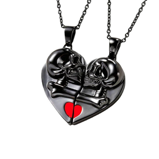 Punk Retro Skull Pendant Halloween Necklace Heart-shaped Magnetic Stitching Love Skull Couple Necklace BAZONA