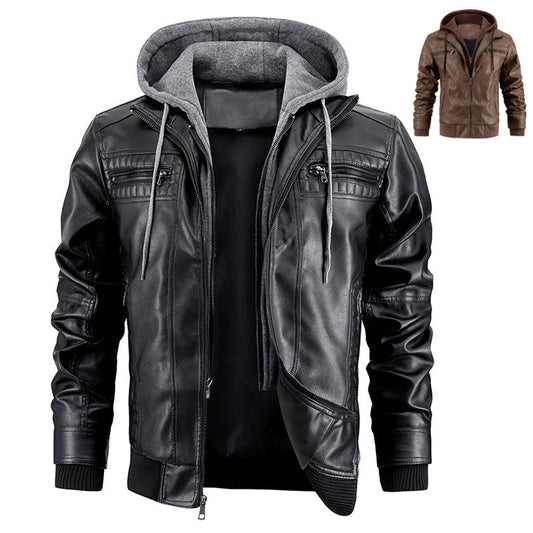 Hooded Jacket With Zipper Pockets Fashion Warm Pu Leather Coat Mens Clothing BAZONA
