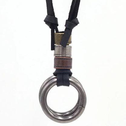 Vintage Leather Couple Necklace Double Ring - bazona.com
